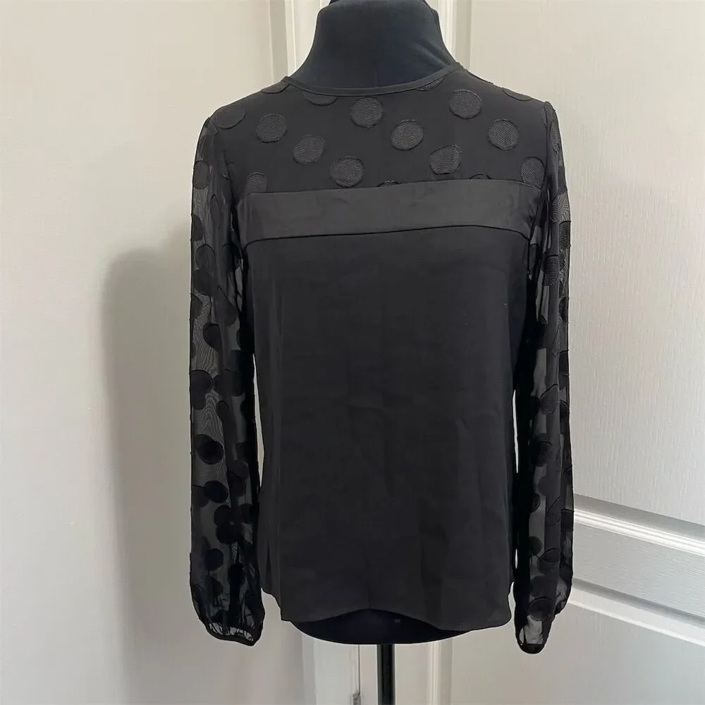 Calvin Klein Women's XSP Black Polka Dot Chiffon Blouse Long Sleeve (sku249)